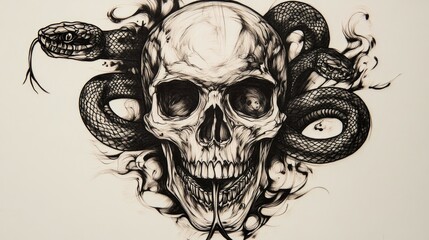 Fototapeta premium Intricate Hand-Drawn Skull and Snake Tattoo Design with Dark Aesthetic Elements