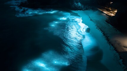 Abstract light pattern, vibrant turquoise and blue swirls in a dark background, suitable for artistic projects and digital design.