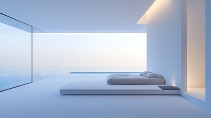 A peaceful, minimalist bedroom with soft, relaxing tones.