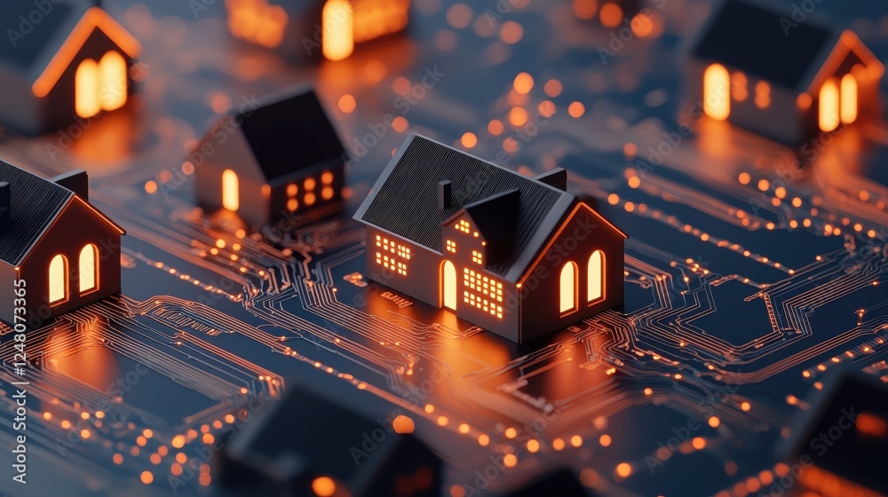 Poster digital landscape with illuminated houses representing smart technology and connectivity.