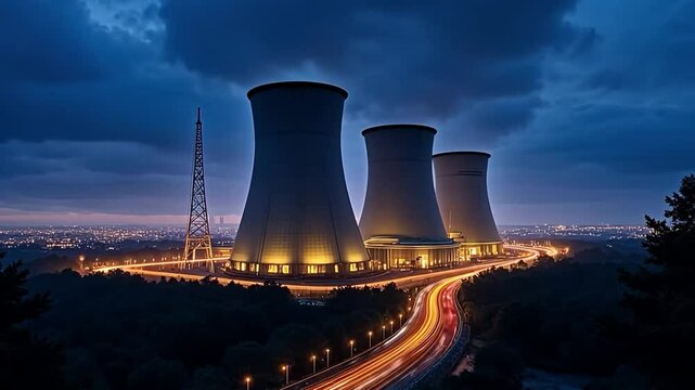 Nighttime Power Plant: A dramatic nighttime view of a power plant, showcasing its towering cooling towers illuminated against a dark sky, with a highway winding around the facility