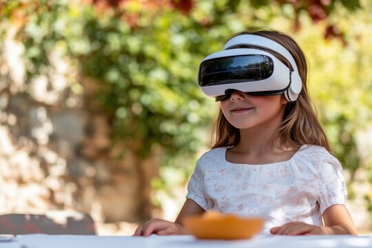 A young girl wearing a virtual reality headset with controllers in hands, sitting on a couch