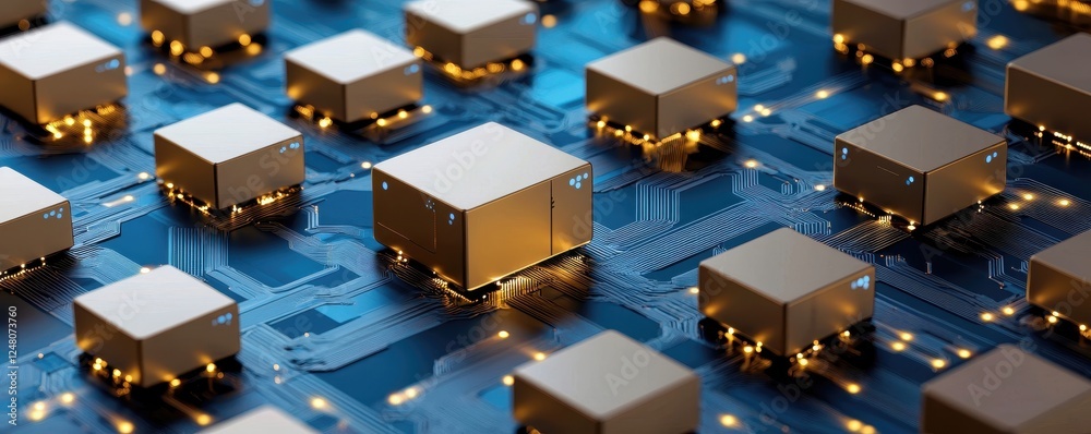 Aufkleber Close-up of a circuit board with golden components and intricate patterns.