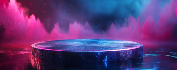 Neon-lit platform, smoky backdrop, product display