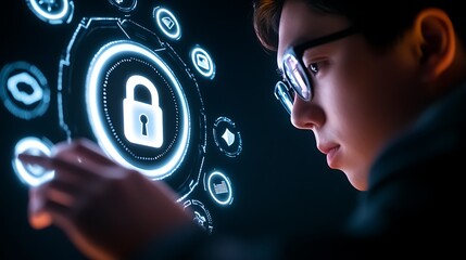 Young individual engaging with digital security interface, emphasizing cybersecurity themes and technology