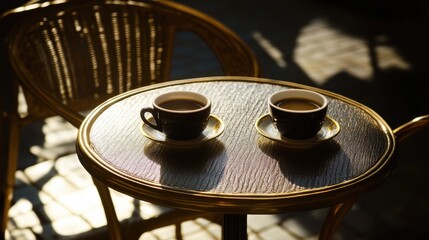 A peaceful table with two cups of coffee, perfect for a short and sweet conversation.