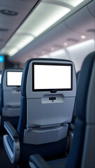 Airplane chairs with blank lcd tv screen Passenger Jet Interior Flight Entertainment Air Travel Transportation Mockup