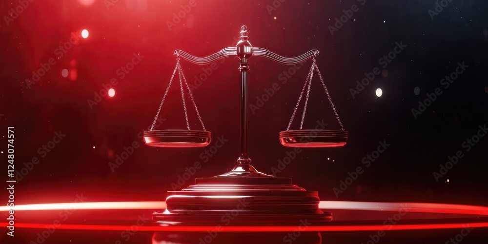 Poster a striking image of a balanced scale symbolizing justice against a dramatic red background.