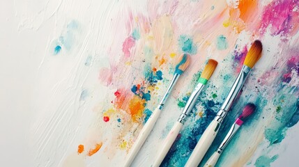 Obraz premium Artistic Paintbrushes and Splashes: Four paintbrushes rest on a palette, surrounded by vibrant, colorful paint splatters. A burst of creativity captured in a studio still life. 