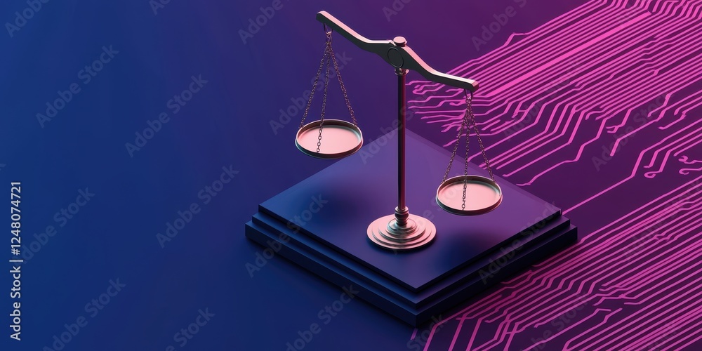 Aufkleber Digital scales of justice on a tech-inspired background symbolizing law and technology integration.