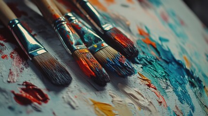 Obraz premium Brushes and Palette: An overhead view showcases a collection of paintbrushes resting on a painter's palette, revealing a vibrant array of colors and textures, celebrating artistic expression.