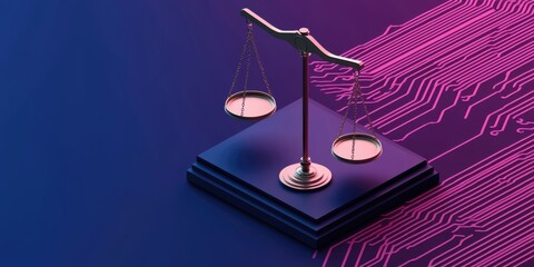 Digital scales of justice on a tech-inspired background symbolizing law and technology integration.