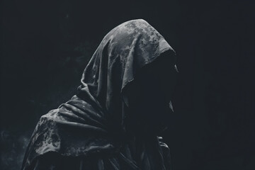Scary figure with hooded cape in the dark