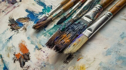 Obraz premium Artistic Palette and Brushes: A close-up captures a painter's palette brimming with vibrant hues, accompanied by paintbrushes showing the artist's process, signifying creativity.