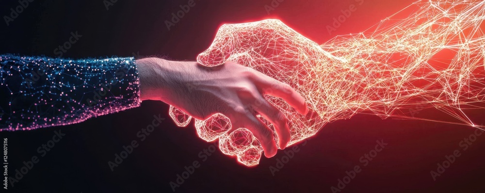 Poster Hands reaching out in a digital handshake, symbolizing connection and technology.