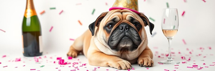 Cute pug puppy in pink party hat on confetti with champagne, exhausted, partying, celebration, tired, drunk, white background, pug, celebration, pink