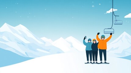 Cheerful Group of Friends Enjoying Winter Adventure on a Snowy Mountain with Ski Lift in Background