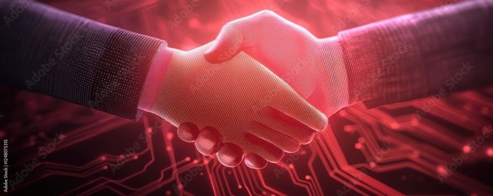 Poster Digital handshake symbolizing partnership and technology on a circuit-themed background.