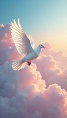 Gentle white dove soars above pastel-hued clouds, nature, soft, dove