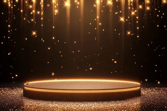 Golden stage, sparkles, dark background, award ceremony