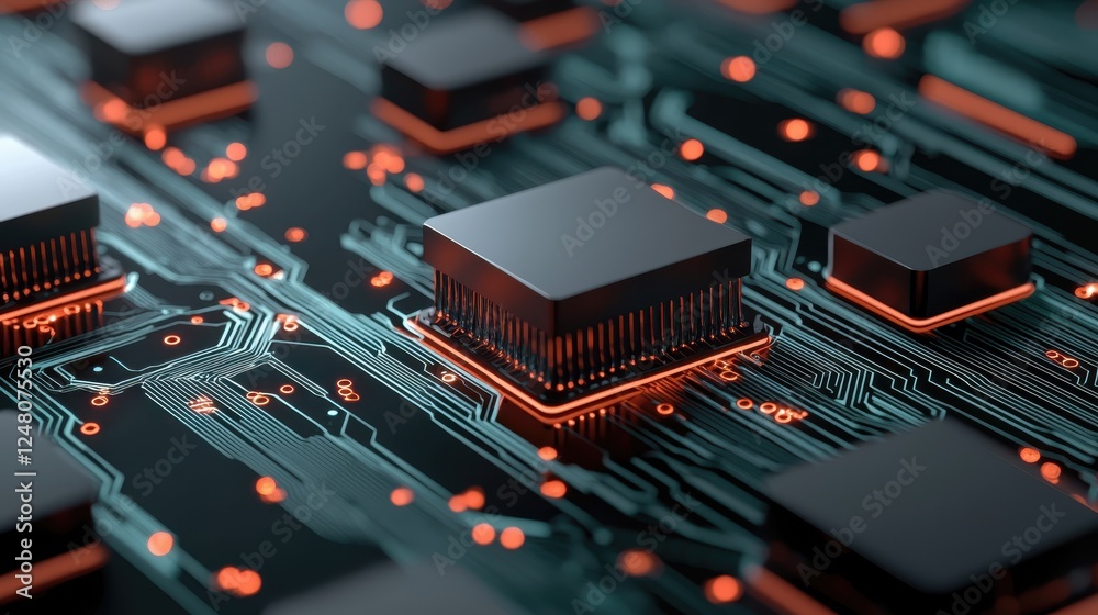 Poster close-up of a circuit board with microchips and glowing connections.