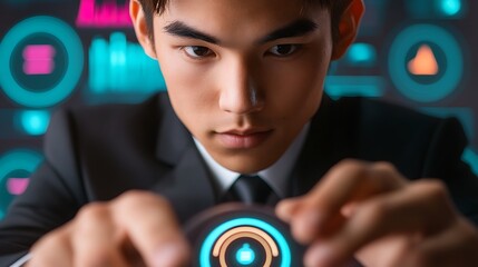 Young professional engaged in digital interface interaction in a modern workspace with data visuals