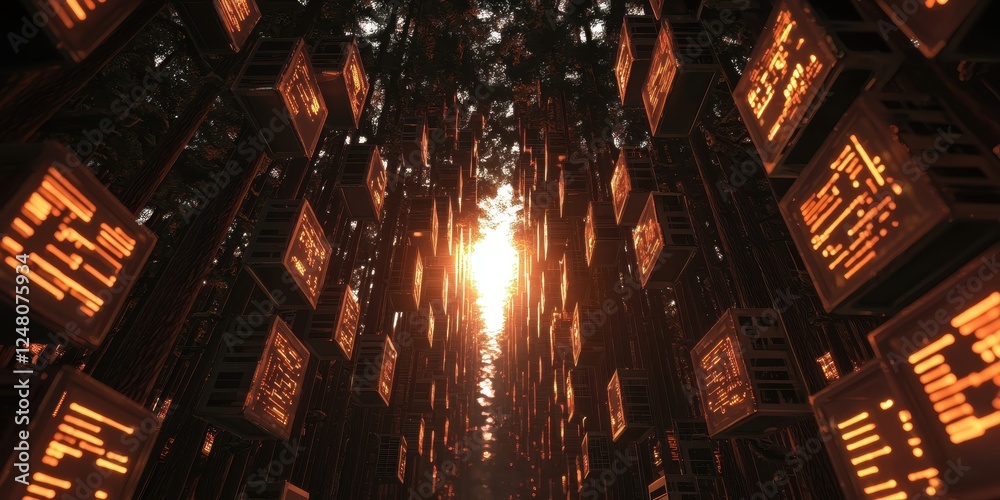 Poster A futuristic scene with glowing structures and light beams in a dark environment.