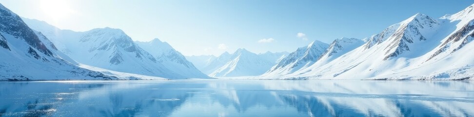 Frozen lake with a vast expanse of snow-covered mountains in the distance, frozen wilderness, snowy