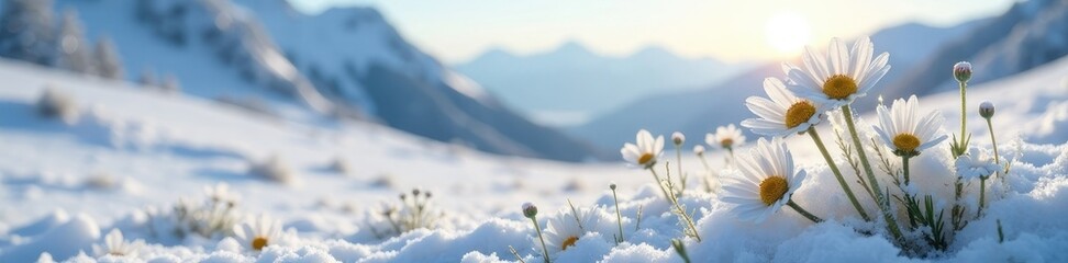 Frozen daisies on a snowy hillside in the distance, landscape, winter