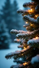 Frosty tree branches adorned with twinkling lights, evergreen trees, holiday decor, winter wonderland