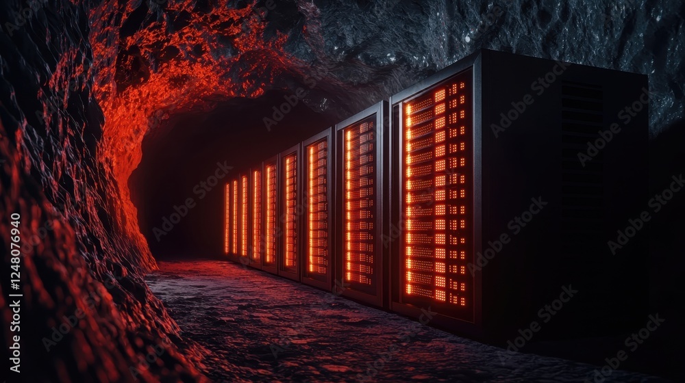 Poster mining operation featuring powerful machines in a dimly lit underground tunnel.
