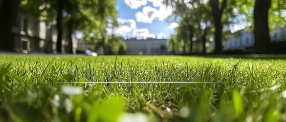 Fototapeta premium Close Up View Of Lush Green Grass With Blurred Trees And Buildings