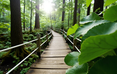 Obraz premium Sun rays illuminate an ecological trail with rope railings in the forest: an ideal place for ecotourism