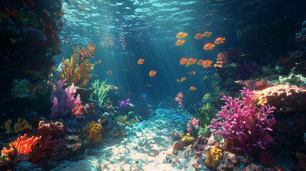 Naklejka premium Coral reef ocean or sea underwater background. Bottom with rocks and seaweeds grow under sunlight beams falling from above. Marine seascape scene, undersea tropical life, Cartoon vector illustration