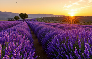 Obraz premium Sunset over a field of blooming lavender: an inspiring place for eco-tourism