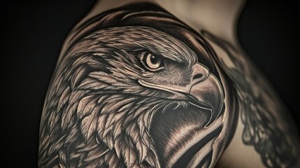 Realistic Eagle Tattoo Design Featuring Patriotic Elements on a Bare Shoulder
