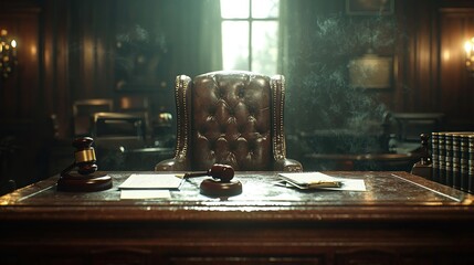 Obraz premium Judge's empty office, sunlight, gavel, documents