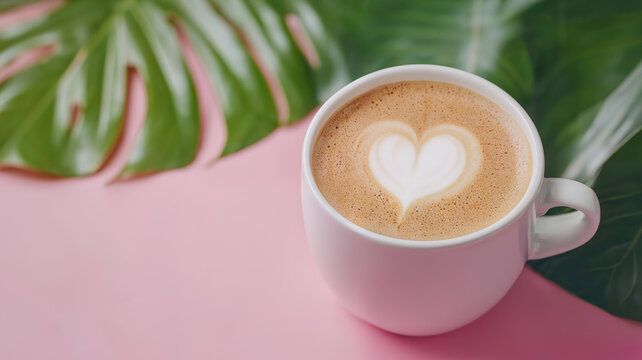 Cappuccino with heart-shaped latte art in a mug with leaves. Love and morning concept. For design, banner, poster, card. Top view with copy space