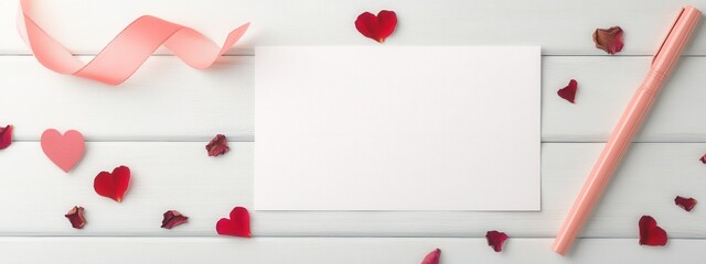 Blank Card Surrounded by Red Hearts and Pink Ribbon on White Wooden Table for Romantic Occasion