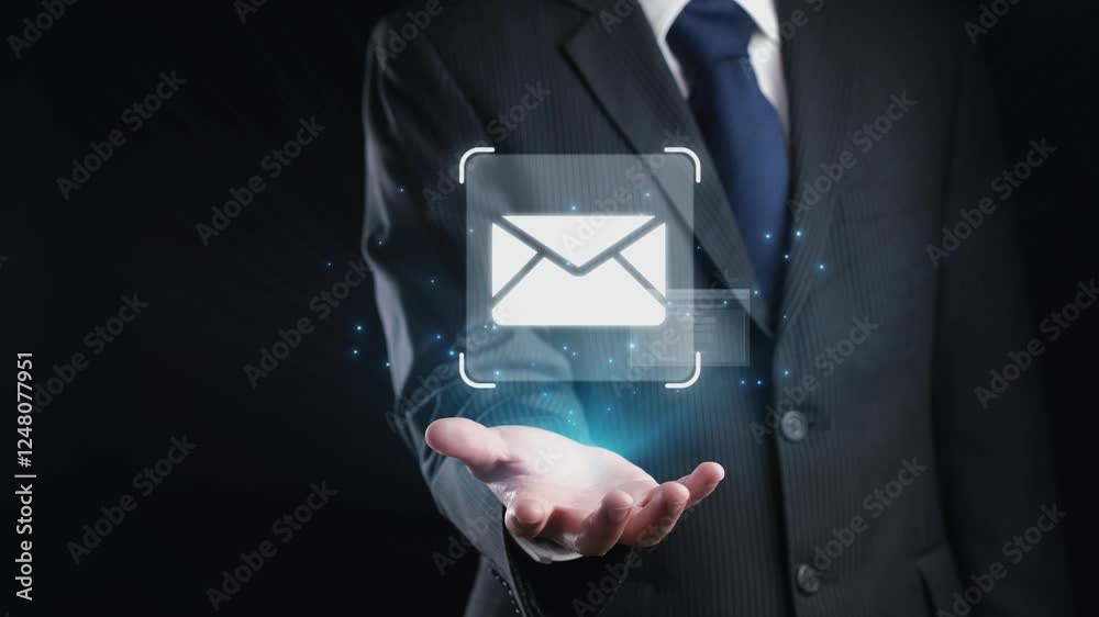 Poster business person checking email inbox, organizing and prioritizing messages for better productivity. 