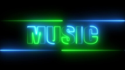 Neon colorful text of "MUSIC" Colorful design for dj audio with shiny light audio, backlight blue and green color icon.4k video