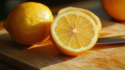 Juicy lemons sliced on wooden board, sunlight.  Food photography