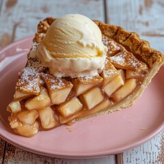 Delicious slice of apple pie topped with vanilla ice cream served on a pink plate with rustic wooden background highlighting comfort food