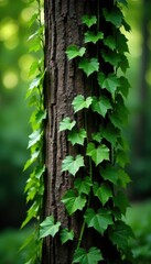 Obraz premium Dark brown tree trunk with lush green ivy vines, leaves, vine, plant