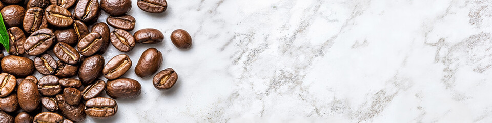 Roasted coffee beans on marble background. Top view. Coffee shop concept for design banner, flyer, advertising with copy space