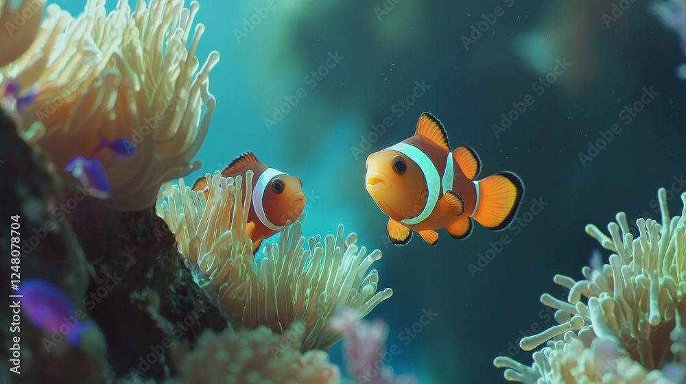 Poster two clownfish playfully interact within a vivid anemone, surrounded by a serene blue ocean backgroun