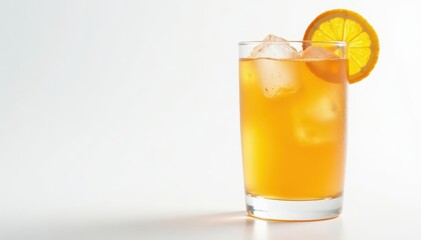 Iced orange soda water in glass, white backdrop, bright, crisp