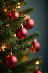 A sprinkle of red and gold ornaments adds warm glow to a bare Christmas tree branch, branches, lighting, gold
