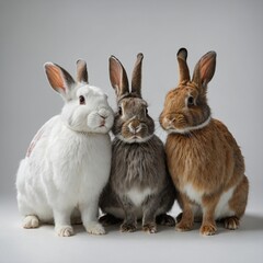 "A group of three rabbits of different colors (brown, white, and gray) sitting together on a white background, looking playful."
