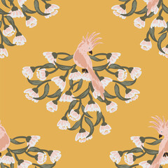 Beautiful hand painted cockatoo birds on eucalyptus flowers bunch in a color palette of pink, peach, green and white on yellow background. Pretty tropical seamless vector pattern. Great for home decor